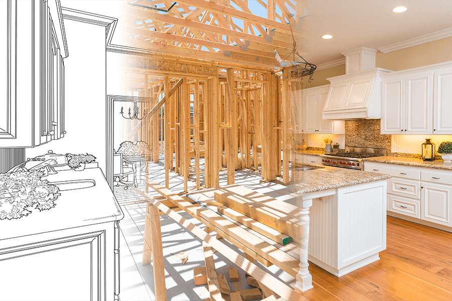 Kitchen remodeling plans drawing, progress shot and finished product collage - Decatur, IL